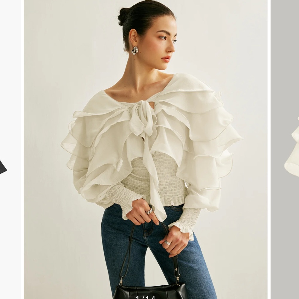 Elegant White Ruffle Tie-Front Blouse